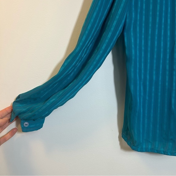 BUMBLE BEE | Teal Vintage Button Up Long Sleeve Blouse With Ruffle Neck Collar - Picture 2 of 9
